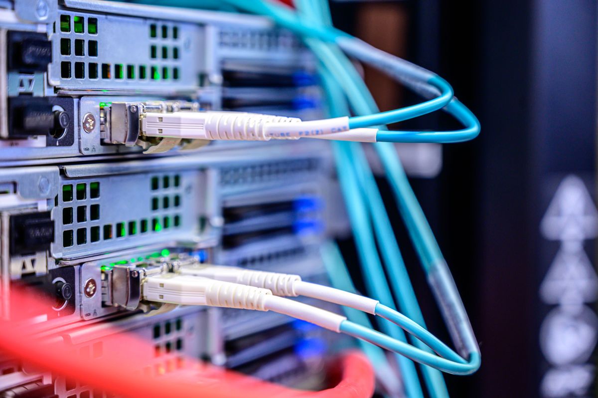 A close-up of Ethernet cables plugged directly into server ports, representing the statically exported frontend calling a separately deployed backend across a genuine network boundary