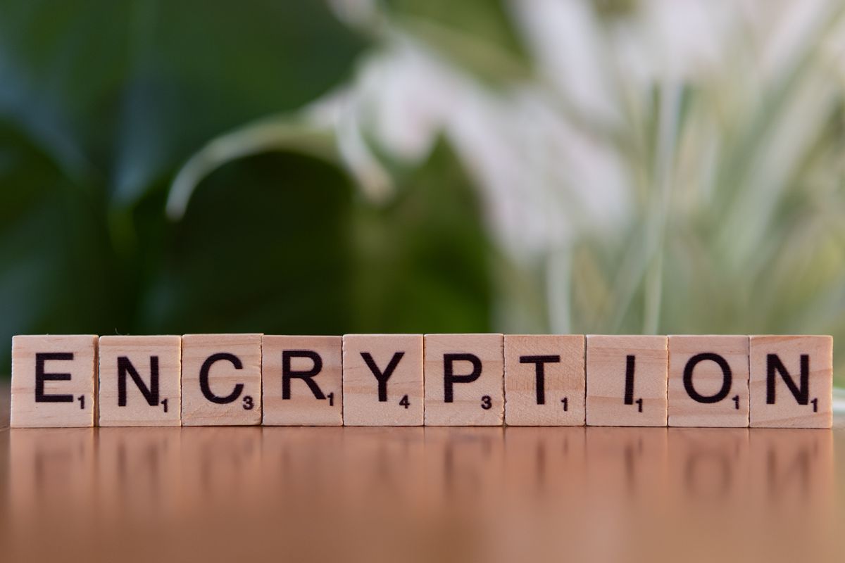 Caching permission checks in Redis for performance — wooden blocks spelling 'encryption' representing data security