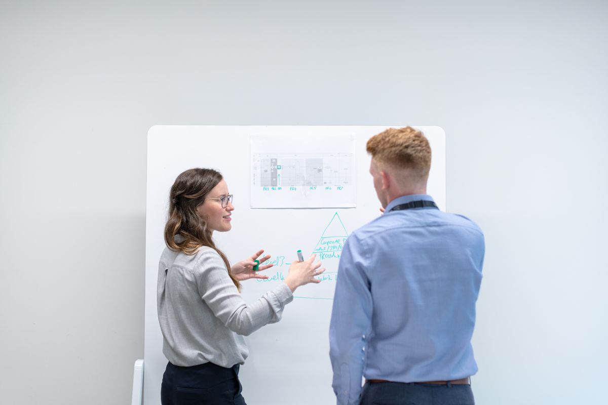 Stakeholders collaborating at a whiteboard during the software discovery phase