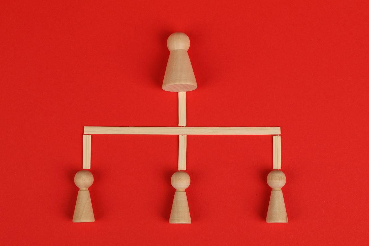 SaaS role based permission system concept — wooden pieces arranged in a hierarchy representing roles and organizational structure
